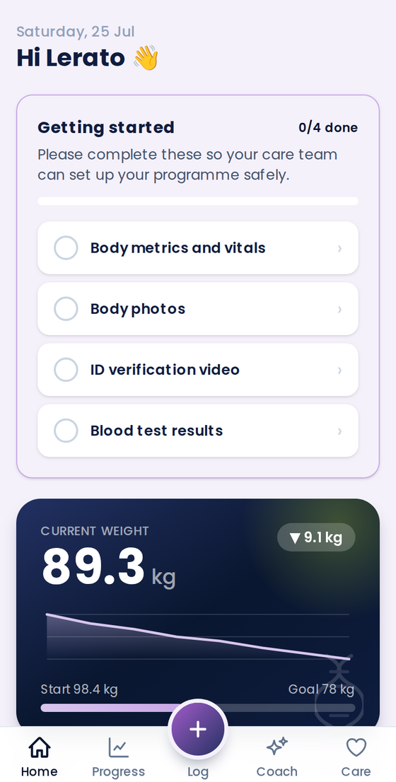 The patient app home screen: daily plan, weight trend and care tabs